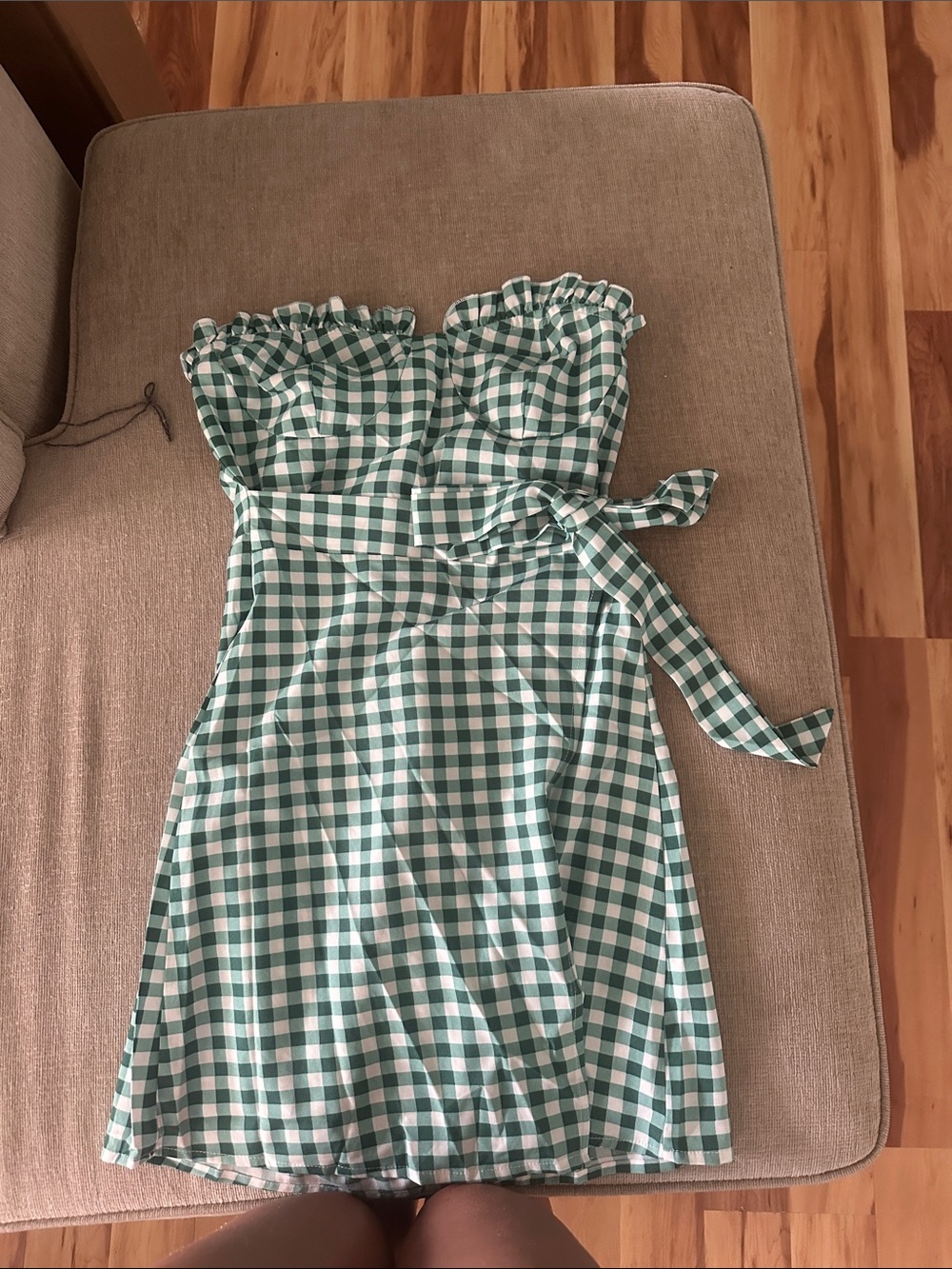 Green Gingham Strapless Tie-Waist Summer Dress